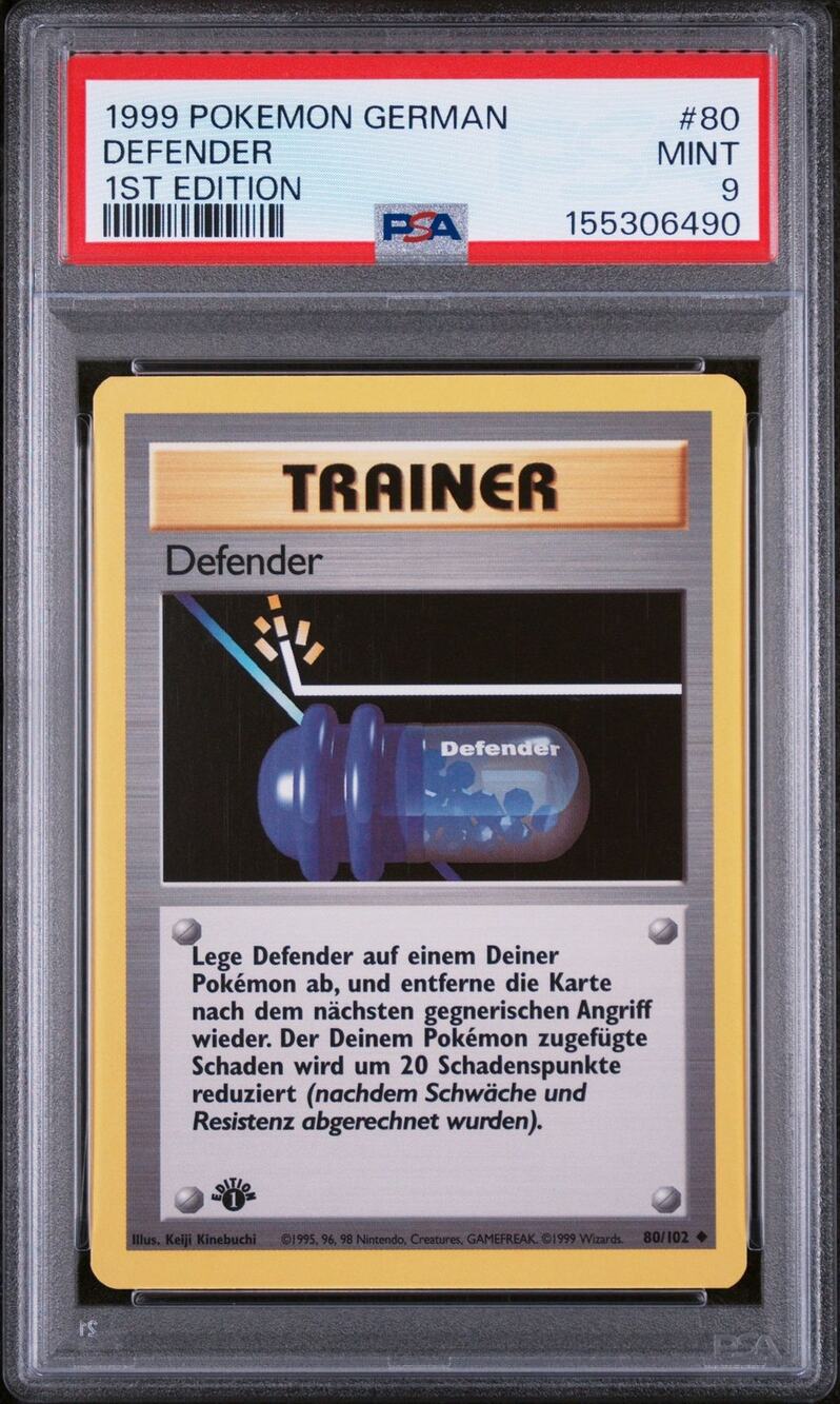 PSA 9 MINT Defender 1st Edition 80/102 Pokémon 1999 German Base Set Graded Card